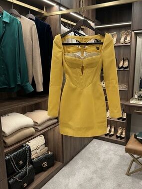 Elegant mustard Long-Sleeve Mini Dress with Structured Bodice and rhinestones